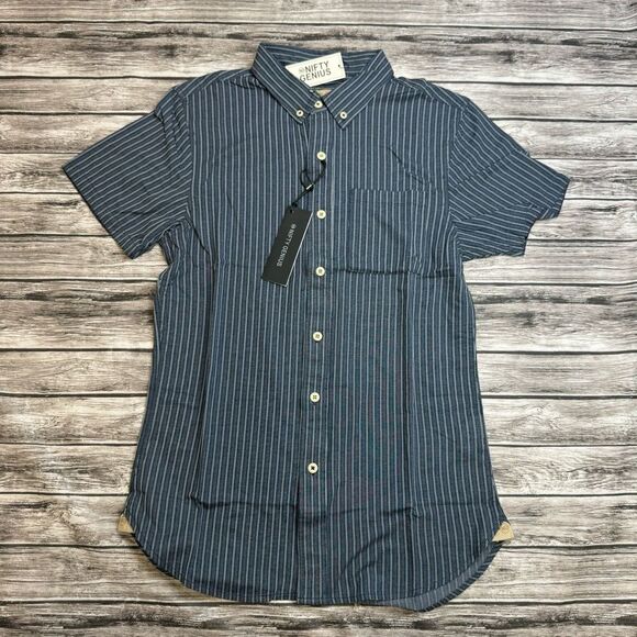 Nifty Genius Men's Casual Striped Button Up Shirt XS Extra Small Dark Blue White - Picture 1 of 14